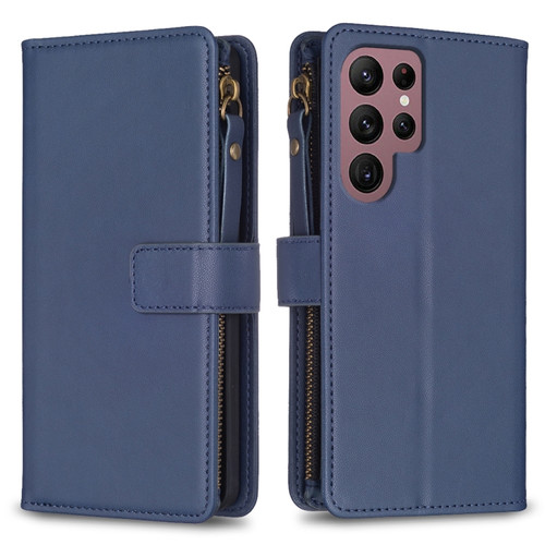 Samsung Galaxy S22 Ultra 5G 9 Card Slots Zipper Wallet Leather Flip Phone Case - Blue