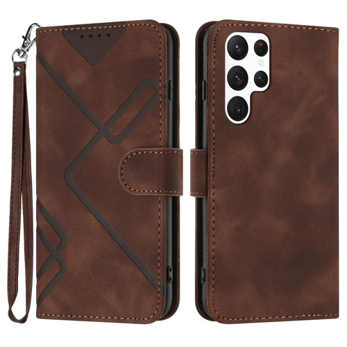 Samsung Galaxy S22 Ultra 5G Line Pattern Skin Feel Leather Phone Case - Coffee