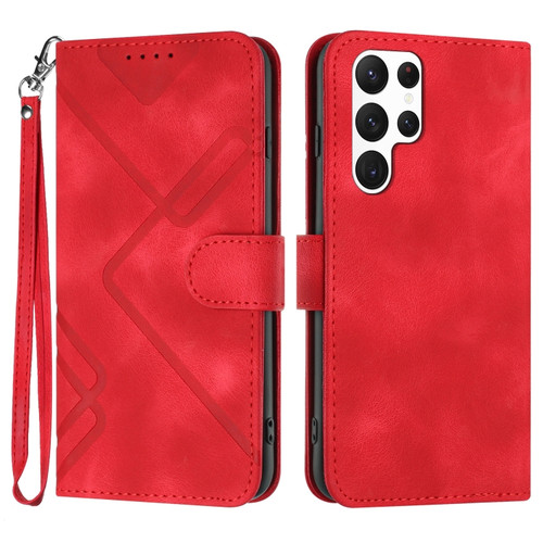 Samsung Galaxy S22 Ultra 5G Line Pattern Skin Feel Leather Phone Case - Red