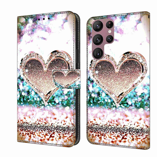 Samsung Galaxy S22 Ultra Crystal 3D Shockproof Protective Leather Phone Case - Pink Diamond Heart