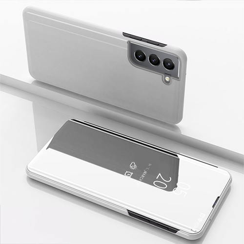 Samsung Galaxy S22 Plus 5G Plated Mirror Horizontal Flip Leather Case with Holder - Silver