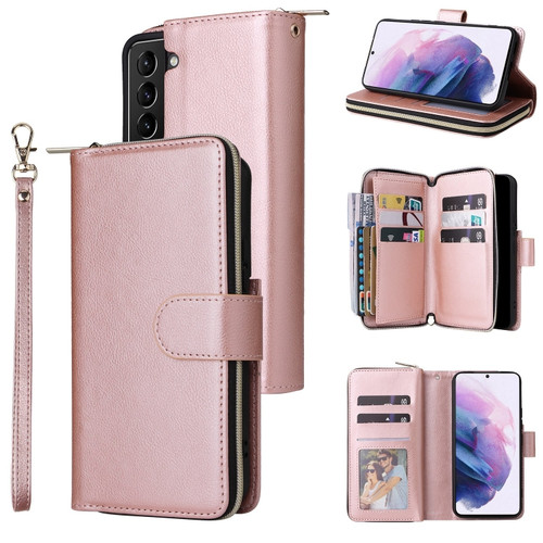 Samsung Galaxy S22+ 5G 9 Card Slots Zipper Wallet Bag Leather Phone Case - Rose Gold
