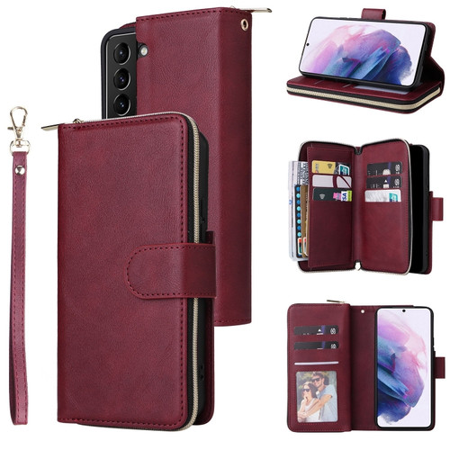 Samsung Galaxy S22+ 5G 9 Card Slots Zipper Wallet Bag Leather Phone Case - Wine Red