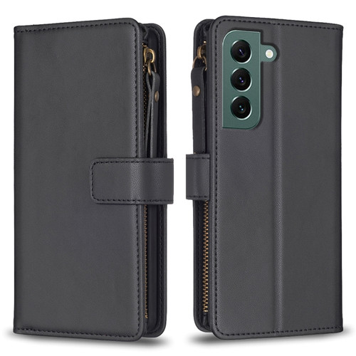 Samsung Galaxy S22+ 5G 9 Card Slots Zipper Wallet Leather Flip Phone Case - Black
