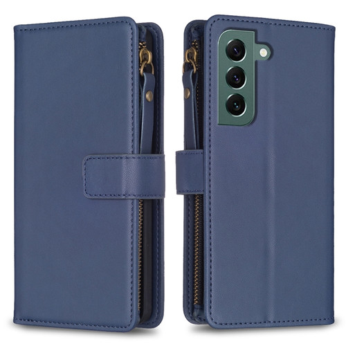 Samsung Galaxy S22+ 5G 9 Card Slots Zipper Wallet Leather Flip Phone Case - Blue
