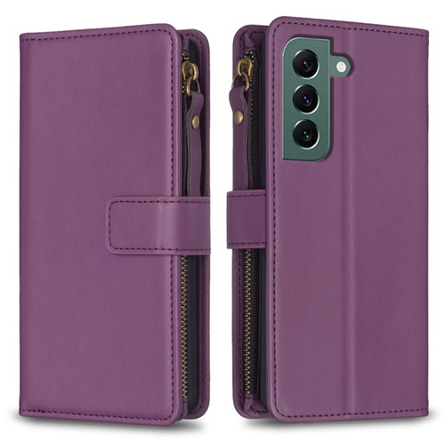 Samsung Galaxy S22+ 5G 9 Card Slots Zipper Wallet Leather Flip Phone Case - Dark Purple