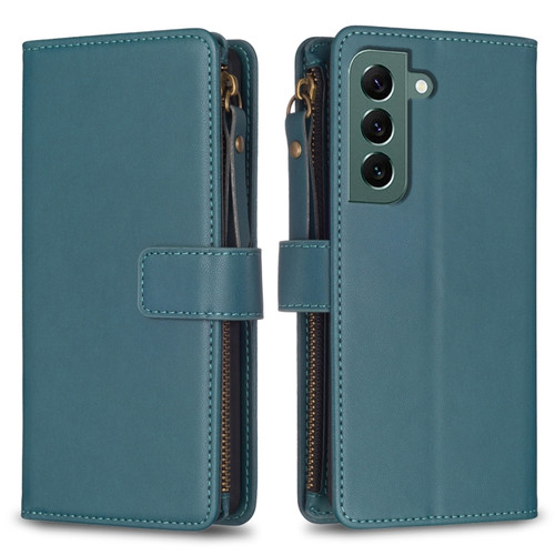 Samsung Galaxy S22+ 5G 9 Card Slots Zipper Wallet Leather Flip Phone Case - Green
