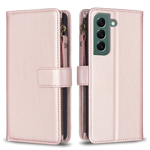 Samsung Galaxy S22+ 5G 9 Card Slots Zipper Wallet Leather Flip Phone Case - Rose Gold
