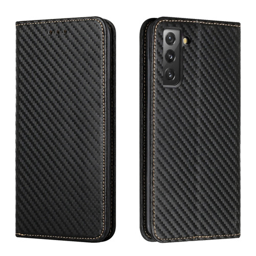 Samsung Galaxy S22+ 5G Carbon Fiber Texture Flip Holder Leather Phone Case - Black