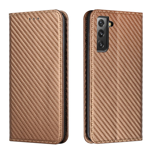 Samsung Galaxy S22+ 5G Carbon Fiber Texture Flip Holder Leather Phone Case - Brown