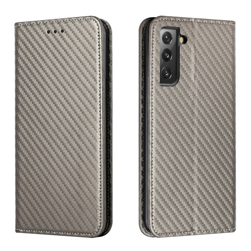 Samsung Galaxy S22+ 5G Carbon Fiber Texture Flip Holder Leather Phone Case - Grey