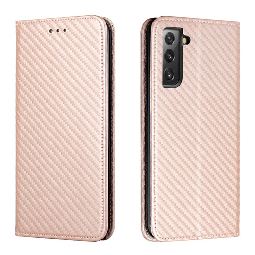 Samsung Galaxy S22+ 5G Carbon Fiber Texture Flip Holder Leather Phone Case - Rose Gold