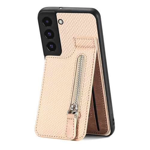 Samsung Galaxy S22+ 5G Carbon Fiber Vertical Flip Zipper Wallet Phone Case - Khaki