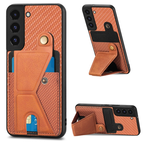 Samsung Galaxy S22+ 5G Carbon Fiber Wallet Flip Card K-shaped Holder Phone Case - Brown