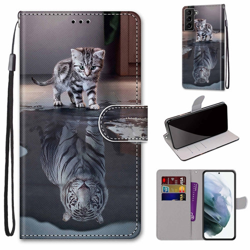 Samsung Galaxy S22+ 5G Coloured Drawing Cross Texture Horizontal Flip Leather Phone Case with Holder & Card Slots & Wallet & Lanyard - Cat Becomes Tiger