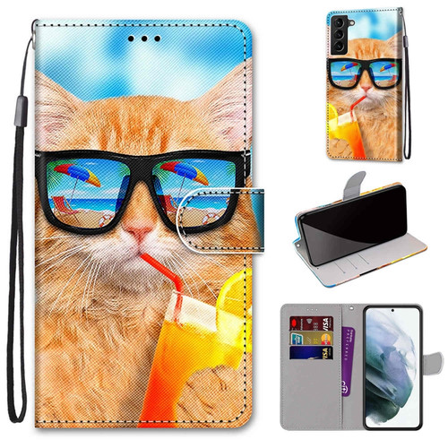 Samsung Galaxy S22+ 5G Coloured Drawing Cross Texture Horizontal Flip Leather Phone Case with Holder & Card Slots & Wallet & Lanyard - Cat Drinking Soda