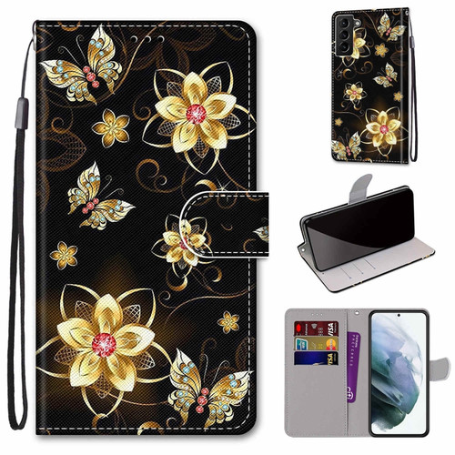 Samsung Galaxy S22+ 5G Coloured Drawing Cross Texture Horizontal Flip Leather Phone Case with Holder & Card Slots & Wallet & Lanyard - Gold Diamond Butterfly