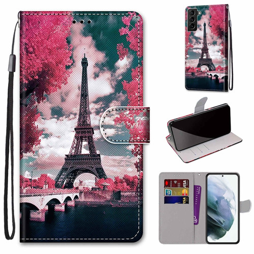 Samsung Galaxy S22+ 5G Coloured Drawing Cross Texture Horizontal Flip Leather Phone Case with Holder & Card Slots & Wallet & Lanyard - Pink Flower Tower Bridge
