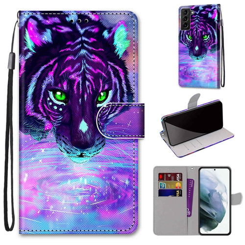 Samsung Galaxy S22+ 5G Coloured Drawing Cross Texture Horizontal Flip Leather Phone Case with Holder & Card Slots & Wallet & Lanyard - Tiger Drinking Water