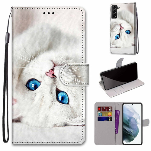 Samsung Galaxy S22+ 5G Coloured Drawing Cross Texture Horizontal Flip Leather Phone Case with Holder & Card Slots & Wallet & Lanyard - White Kitten