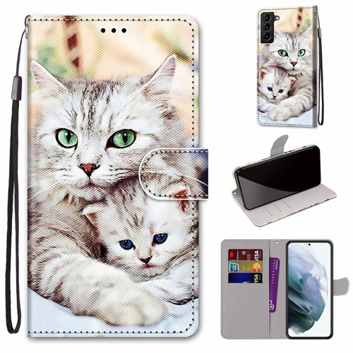 Samsung Galaxy S22+ 5G Coloured Drawing Cross Texture Horizontal Flip PU Phone Leather Case with Holder & Card Slots & Wallet & Lanyard - Colorful Layer - Big Cat Hugging Kitten
