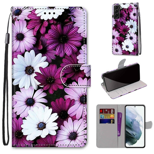 Samsung Galaxy S22+ 5G Coloured Drawing Cross Texture Horizontal Flip PU Phone Leather Case with Holder & Card Slots & Wallet & Lanyard - Colorful Layer - Chrysanthemum Pink White Purple