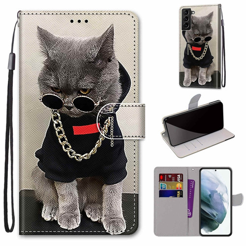 Samsung Galaxy S22+ 5G Coloured Drawing Cross Texture Horizontal Flip PU Phone Leather Case with Holder & Card Slots & Wallet & Lanyard - Colorful Layer - Golden Chain Grey Cat