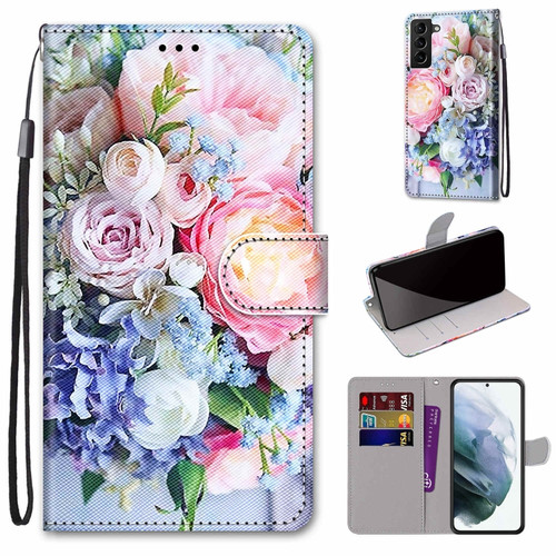 Samsung Galaxy S22+ 5G Coloured Drawing Cross Texture Horizontal Flip PU Phone Leather Case with Holder & Card Slots & Wallet & Lanyard - Colorful Layer - Light Pink Bouquet