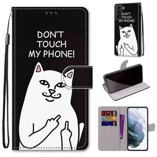 Samsung Galaxy S22+ 5G Coloured Drawing Cross Texture Horizontal Flip PU Phone Leather Case with Holder & Card Slots & Wallet & Lanyard - Colorful Layer - Middle Finger White Cat
