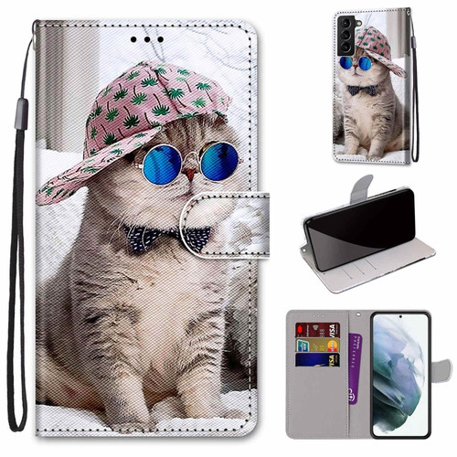 Samsung Galaxy S22+ 5G Coloured Drawing Cross Texture Horizontal Flip PU Phone Leather Case with Holder & Card Slots & Wallet & Lanyard - Colorful Layer - Oblique Hat Blue Mirror Cat