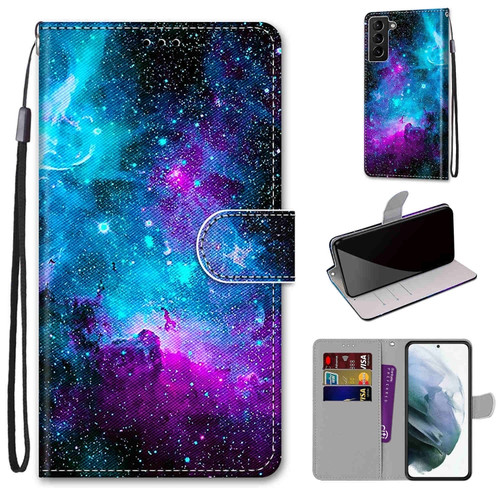 Samsung Galaxy S22+ 5G Coloured Drawing Cross Texture Horizontal Flip PU Phone Leather Case with Holder & Card Slots & Wallet & Lanyard - Colorful Layer - Purple Green Starry Sky