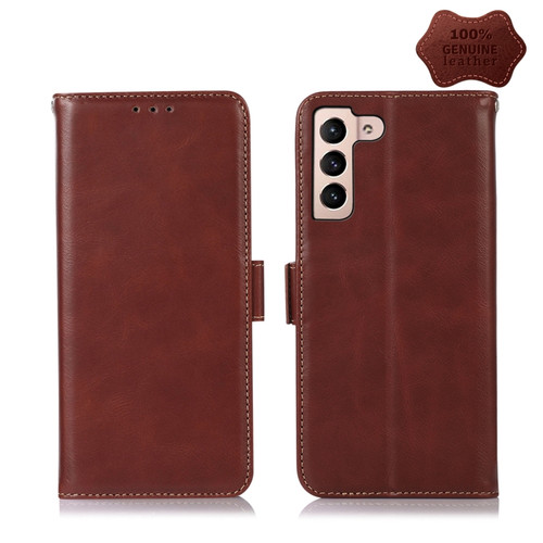 Samsung Galaxy S22+ 5G Crazy Horse Top Layer Cowhide Leather Phone Case - Brown