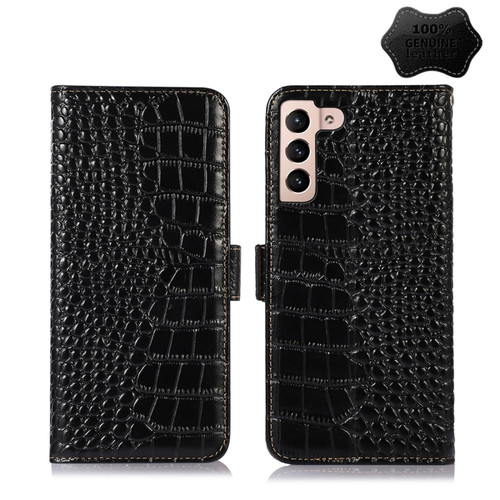 Samsung Galaxy S22+ 5G Crocodile Top Layer Cowhide Leather Phone Case - Black