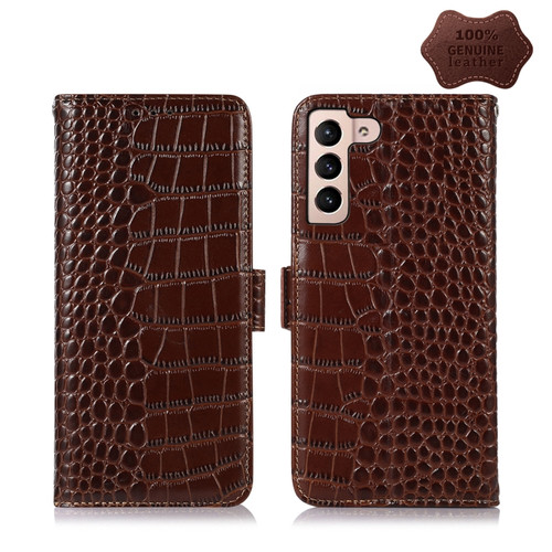 Samsung Galaxy S22+ 5G Crocodile Top Layer Cowhide Leather Phone Case - Brown