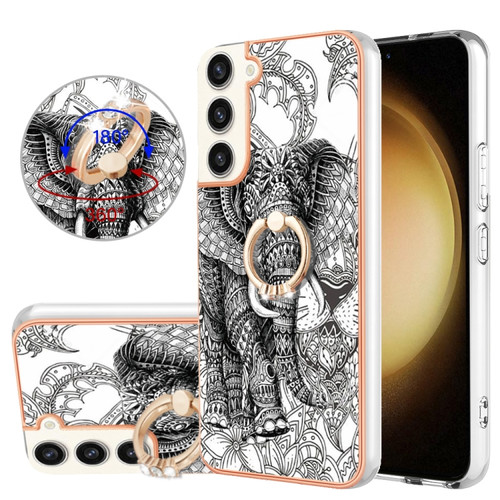 Samsung Galaxy S22+ 5G Electroplating Dual-side IMD Phone Case with Ring Holder - Totem Elephant