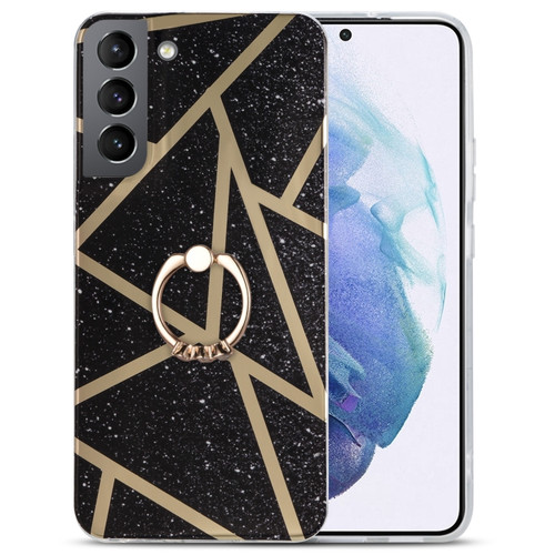 Samsung Galaxy S22+ 5G Electroplating IMD Marble TPU Phone Case with Ring - Black