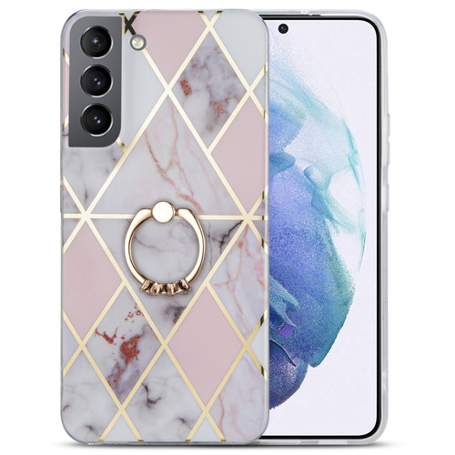 Samsung Galaxy S22+ 5G Electroplating IMD Marble TPU Phone Case with Ring - Light Pink Grey