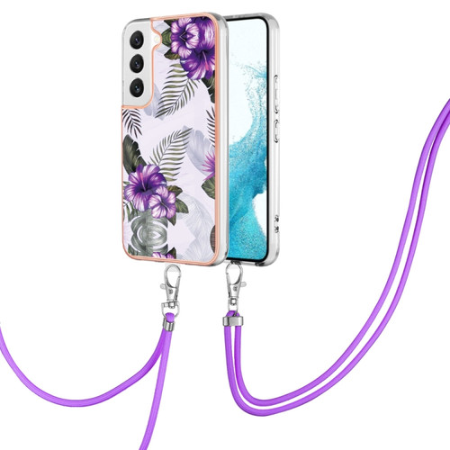 Samsung Galaxy S22+ 5G Electroplating IMD TPU Phone Case with Lanyard - Purple Flower
