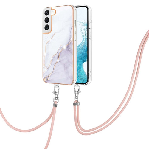 Samsung Galaxy S22+ 5G Electroplating Marble IMD TPU Phone Case with Lanyard - White 006