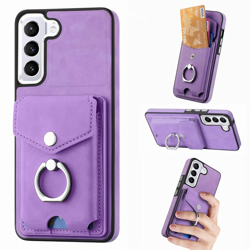 Samsung Galaxy S22+ 5G Electroplating Skin-feel Leather Ring Card Wallet Phone Case - Purple