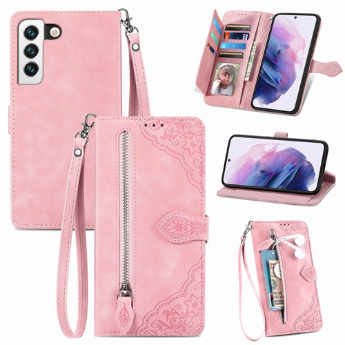 Samsung Galaxy S22+ 5G Embossed Flower Shockproof Leather Phone Case - Pink