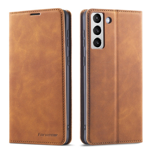 Samsung Galaxy S22+ 5G Forwenw Dream Series Oil Edge Strong Magnetism Leather Phone Case - Brown