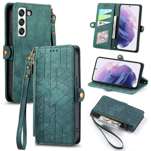 Samsung Galaxy S22+ 5G Geometric Zipper Wallet Side Buckle Leather Phone Case - Green