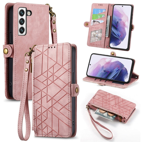 Samsung Galaxy S22+ 5G Geometric Zipper Wallet Side Buckle Leather Phone Case - Pink