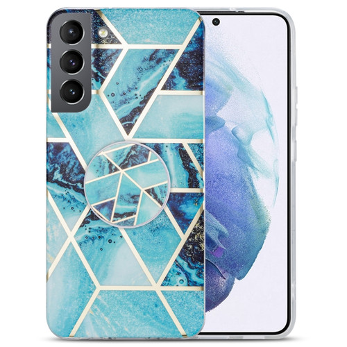 Samsung Galaxy S22+ 5G IMD Marble TPU Phone Case with Folding Holder - Blue