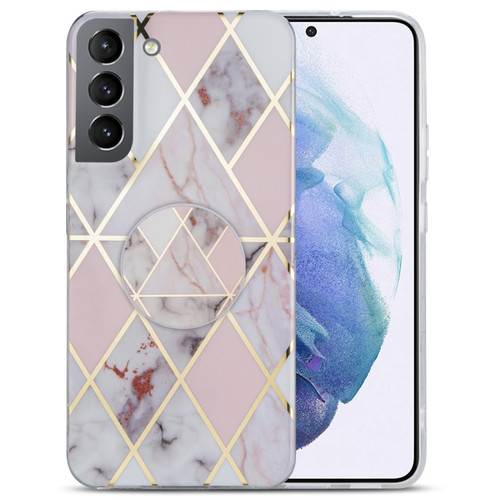 Samsung Galaxy S22+ 5G IMD Marble TPU Phone Case with Folding Holder - Light Pink Grey