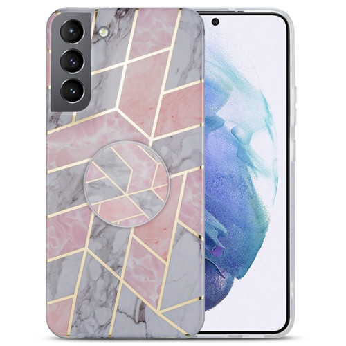 Samsung Galaxy S22+ 5G IMD Marble TPU Phone Case with Folding Holder - Pink Grey