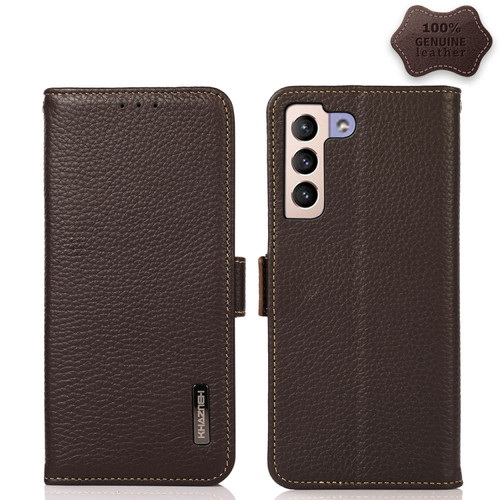 Samsung Galaxy S22+ 5G KHAZNEH Side-Magnetic Litchi Genuine Leather RFID Phone Case - Brown
