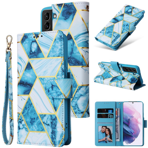 Samsung Galaxy S22+ 5G Marble Bronzing Stitching Leather Phone Case - Blue