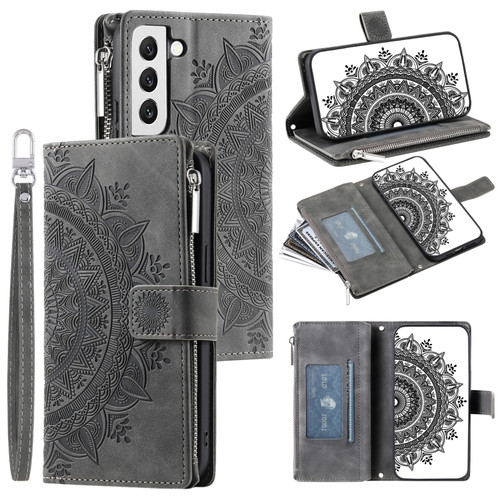 Samsung Galaxy S22+ 5G Multi-Card Totem Zipper Leather Phone Case - Grey